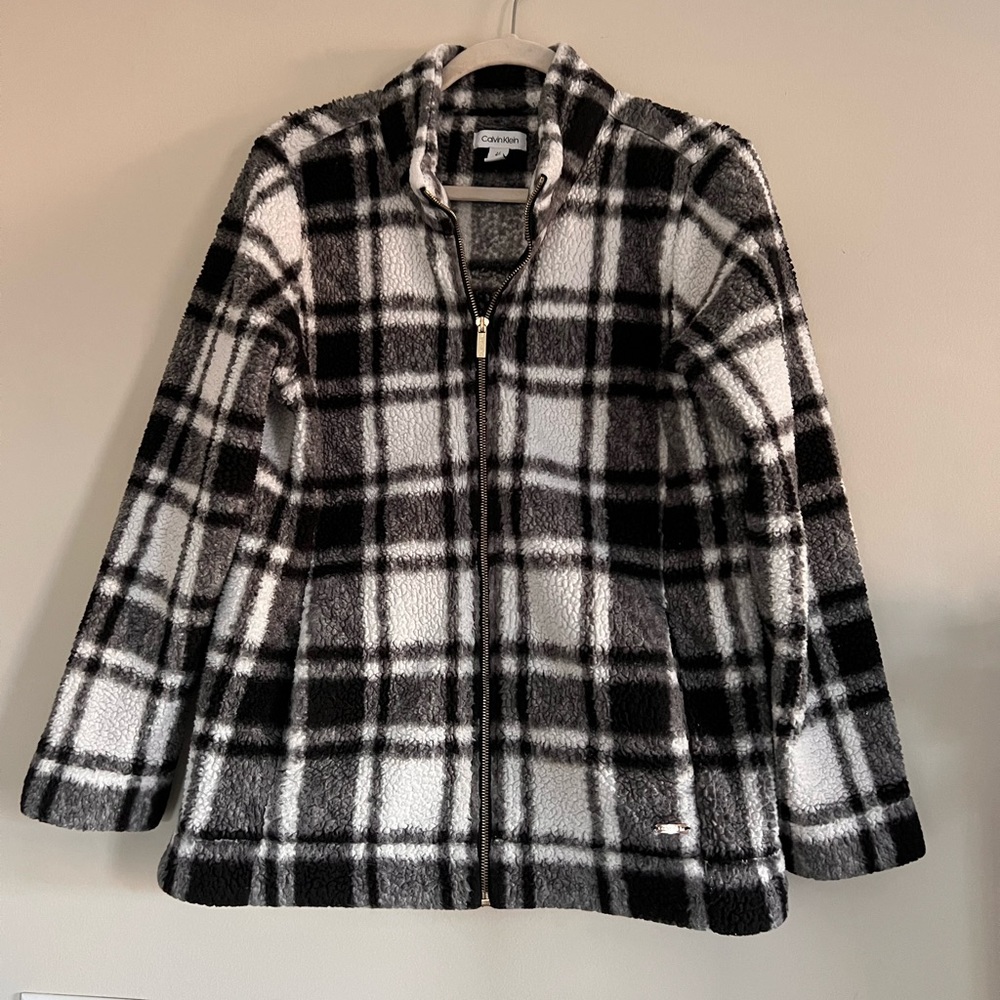 White and Black Plaid Calvin Klein Fuzzy Sherpa Jacket.
